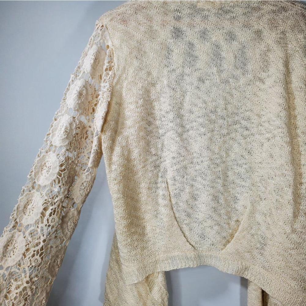Mystree Open Front Floral Sleeve Knit Cardigan Tan Size Large - Picture 4 of 7